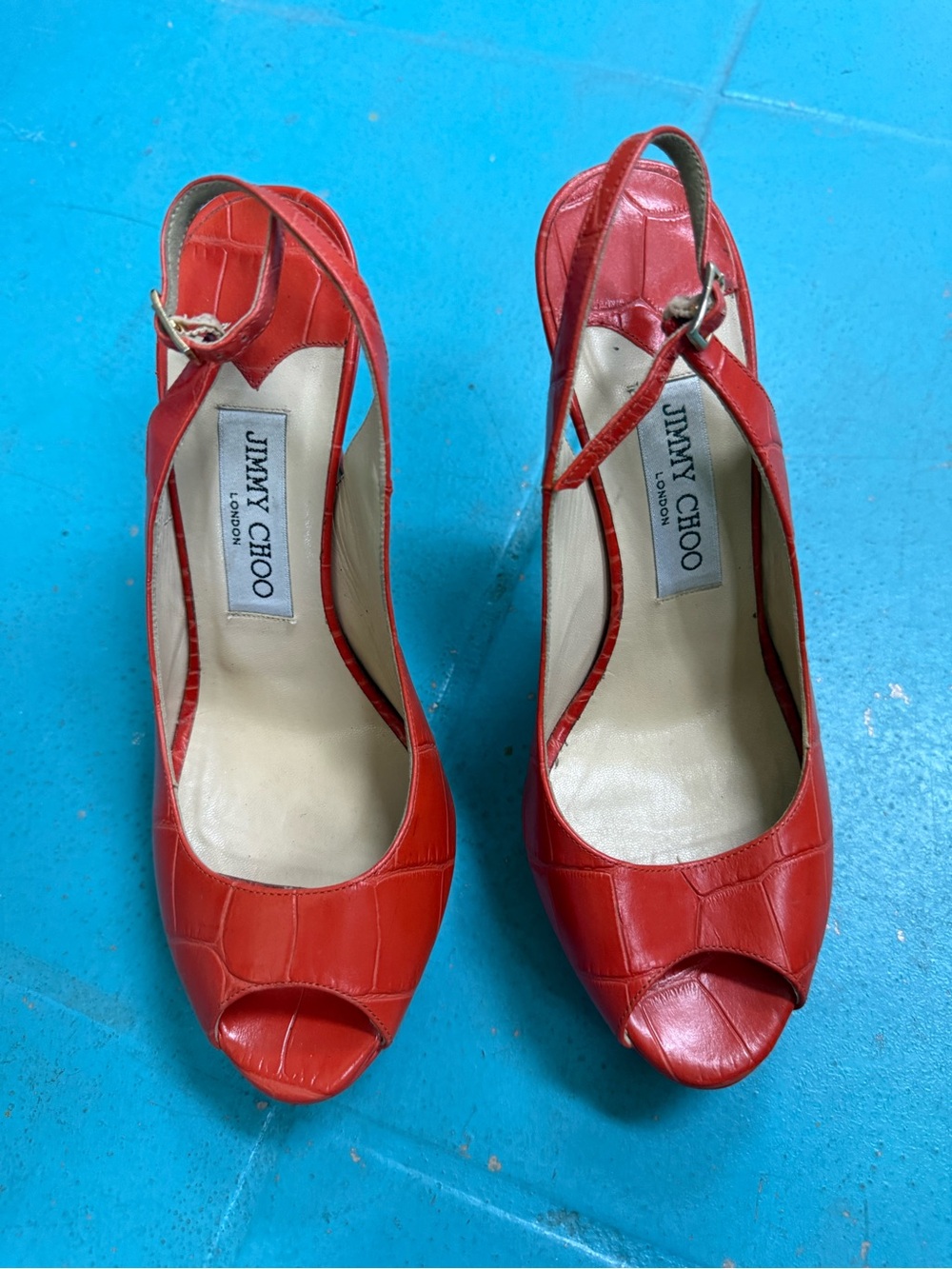 Jimmy Choo Red Croc-Embossed Peep-Toe Slingback Heels